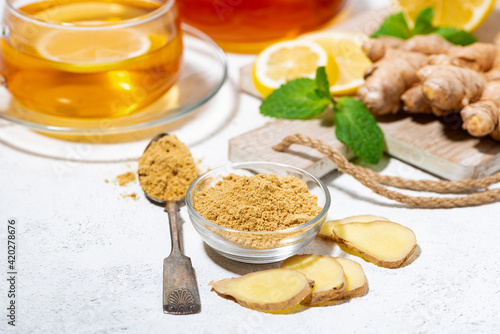 ingredients for tea for immunity - ginger, lemon and mint