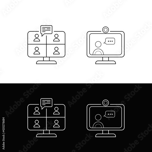 Black & White Outline Vector Video conference, online chat, email, live webinar, instant messaging, online presentation, screen sharing. Vector Illustration