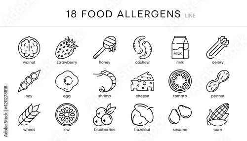 18s Food allergy icon set. Essential allergens and diet line icons vector set. Isolated on white background. Modern editable line icon set. Your web mobile application logo design.