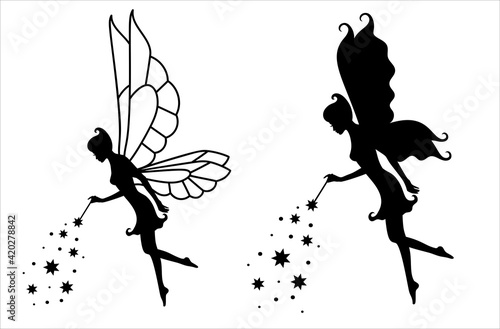 Collection of silhouettes of a fairy on white.