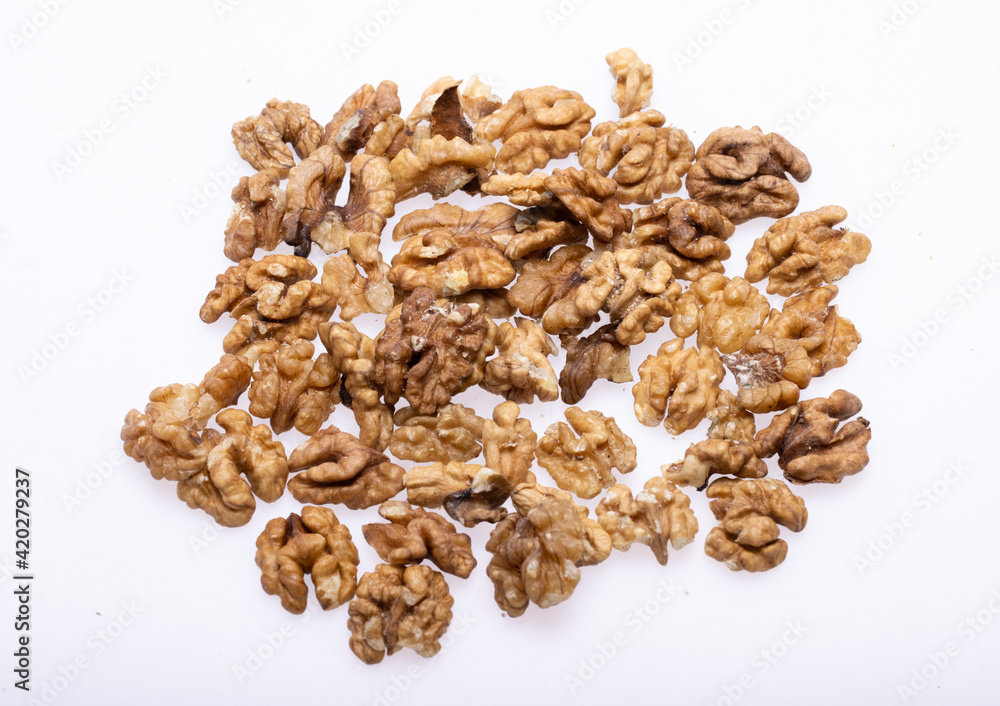 Shelled Walnuts Pile Top View Isolated On White Background