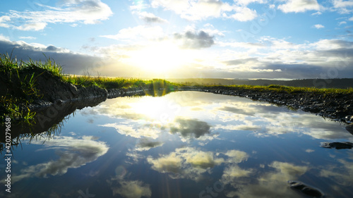 Photos evironment sustainable nature - blue sky and clouds reflected in the water with a border of green grass
