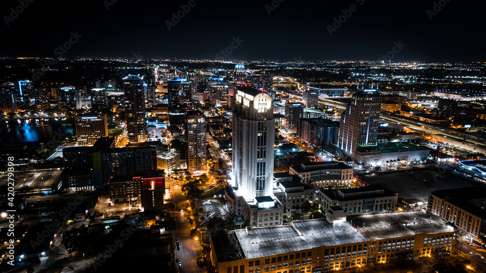 Night aerial view over downtown Orlando, FL. Night aerial view over downtown Orlando, FL.