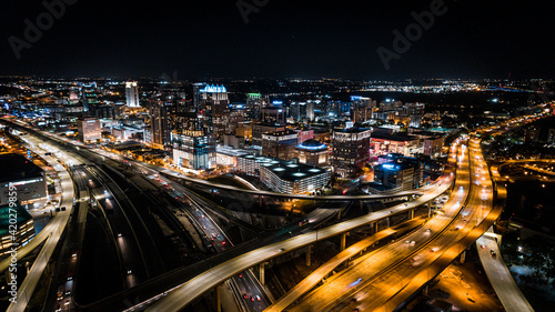 Epic aerial view over the Interstate-4 and 408 expressway interchange in downtown Orlando on a Saturday night. photo