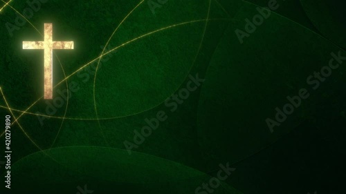 Golden Christian Cross on liturgic green copy space banner background loop. 3D animation for online worship live stream church sermon on Ordinary Time. Concept of hope, life and resurrection of Christ