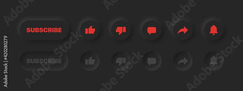 Neumorphic UI UX Design Elements 3D Vector YouTube Buttons Like Dislike Comment Share Notifications On Abstract Black Background. Active And Inactive Social Media Icons Neumorphism Design Dark Version