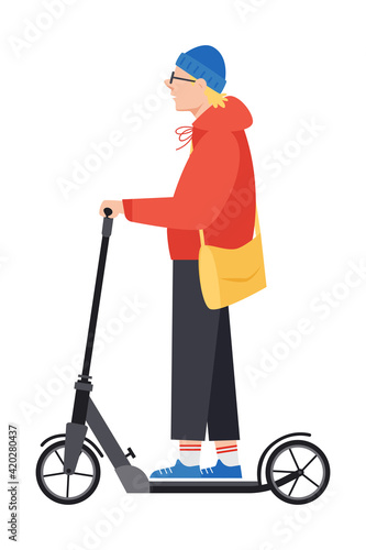 Young man riding  walk scooter.  Boy sportsman wearing casual clothes, cross bag. Eco urban transport. Active lifestyle concept. Colored flat vector illustration isolated on white background
