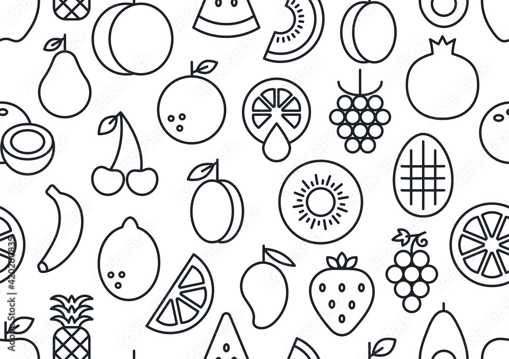 Vector seamless pattern, endless texture with fruits. Set of isolated linear icons. Contour, shape, outline. Healthy food and vitamins Vector seamless pattern, endless texture with fruits. Set of isolated linear icons. Contour, shape, outline. Healthy food and vitamins