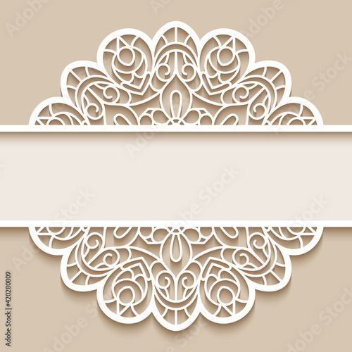 Vintage frame with ornate lace borders, paper cut round pattern, template for laser cutting, elegant split monogram for wedding decoration or invitation card on neutral beige background