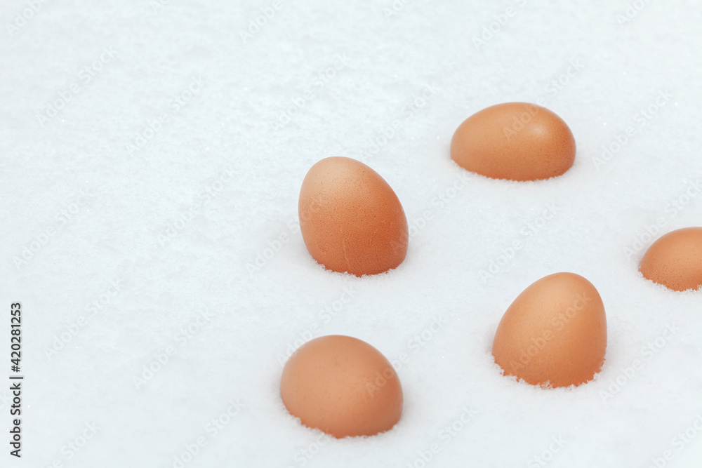 Chicken eggs in the snow. A modern composition about village life. Easter theme Chicken eggs in the snow. A modern composition about village life. Easter theme
