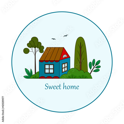 Sweet home icon with trees and bushes. Cottage in the countryside concept.
