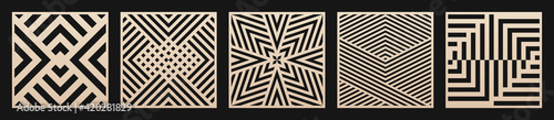 Laser cut patterns set. Vector collection of square cutting templates with abstract geometric ornament, lines, stripes. Decorative stencil for laser cut of wood, metal, plastic. Aspect ratio 1:1
