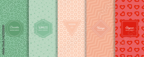 Vector geometric seamless patterns collection. Set of bright colorful background swatches with elegant minimal labels. Cute abstract ornament textures. Modern design. Green, pink, powdery, red color
