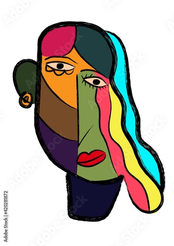 abstract face painting. hand drawn cubism face for wall art, t-shirt and poster design.