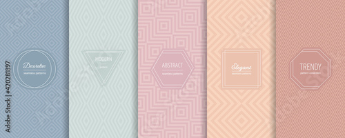 Geometric line seamless patterns. Vector set of linear backgrounds with elegant minimal labels, stickers. Abstract modern ornament textures. Trendy nude pastel colors. Design for print, decor, package