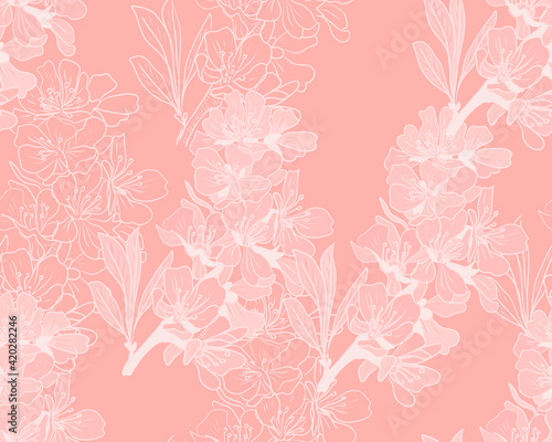 Almond flowers color hand-drawn illustration. Background sketch pink color. Postcard congratulations flowering flora nature print textiles patern seamless  