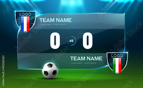 soccer football stadium spotlight and scoreboard background with glitter light