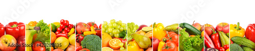 Wide panorama healthy fruits and vegetables separated by vertical lines