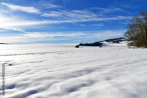 verschneite Winterlandschaft mit blauem Himmel