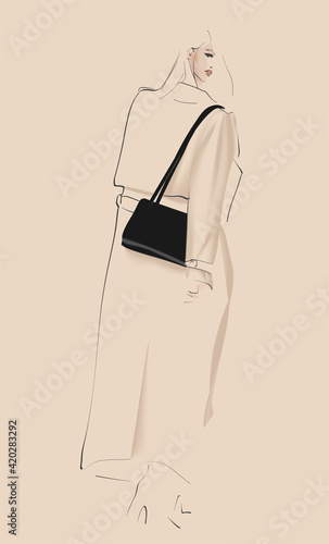 Young stylish woman in trench coat. Fashion illustration in sketch style. Vector