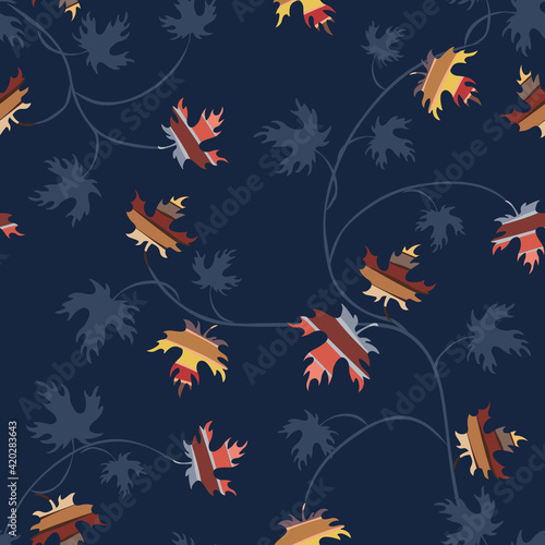 Autumn leaves background. Vector seamless pattern with colorful maple leaf silhouettes on dark blue backdrop. Elegant abstract texture. Hand drawn art. Repeated design for print, decor, textile, cloth © Bereletik Art