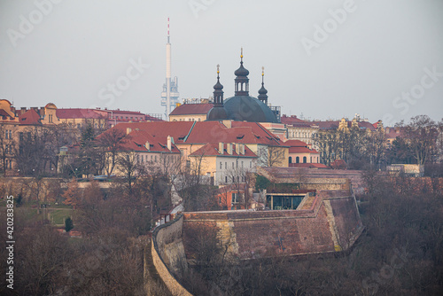 Prague, Czech republic - February 24, 2021. Church of the Assumption of the Virgin Mary and St. Charles the Great in Karlov and Bastion