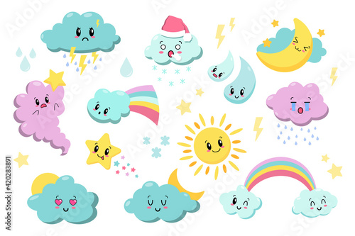 Cute kawaii weather icons. Clouds, rain, sun, stars, lightning, rainbow. Japanese cartoon manga style. Funny anime characters. Trendy vector illustration. Every icon is isolated on background EPS