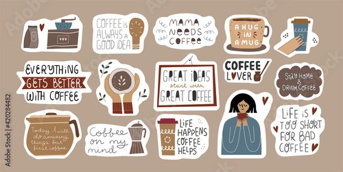 Set of cute funny coffee lover stickers.