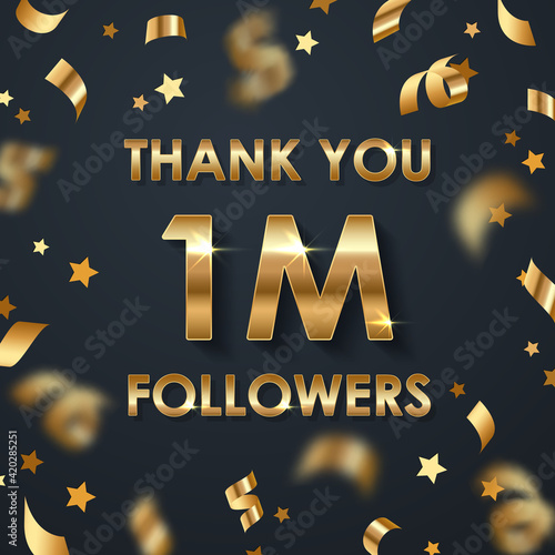 Vector gold scattered confetti, golden ribbons, stars and text Thank you 1m followers on black background. Holiday illustration for greeting card, banner, decor, design, party. 