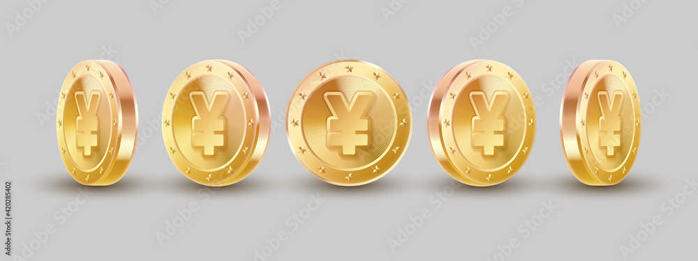 Set of 3d concept golden coins, yen, currency with stars on gray background. Vector illustration. Set of 3d concept golden coins, yen, currency with stars on gray background. Vector illustration.