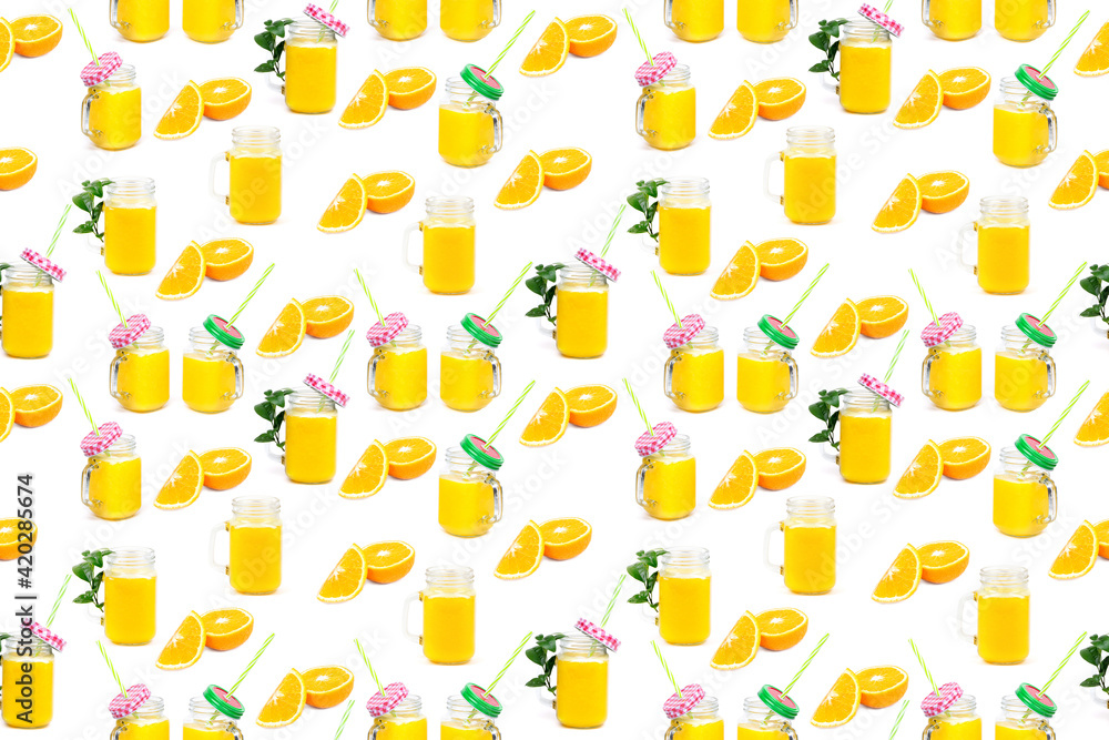 Seamless Pattern Orange juice and green leaves isolated on a white background.A glass of orange juice. Healthy food. Vegan food Seamless Pattern Orange juice and green leaves isolated on a white background.A glass of orange juice. Healthy food. Vegan food
