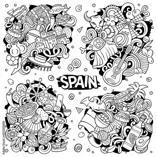 Spain cartoon vector doodle designs set.