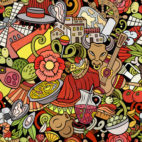 Cartoon doodles Spain seamless pattern. Backdrop with Spanish culture items