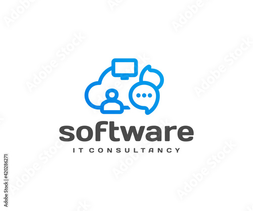 IT consultancy logo design. Software engineering vector design. Cloud connection with human, computer and speech bubble logotype