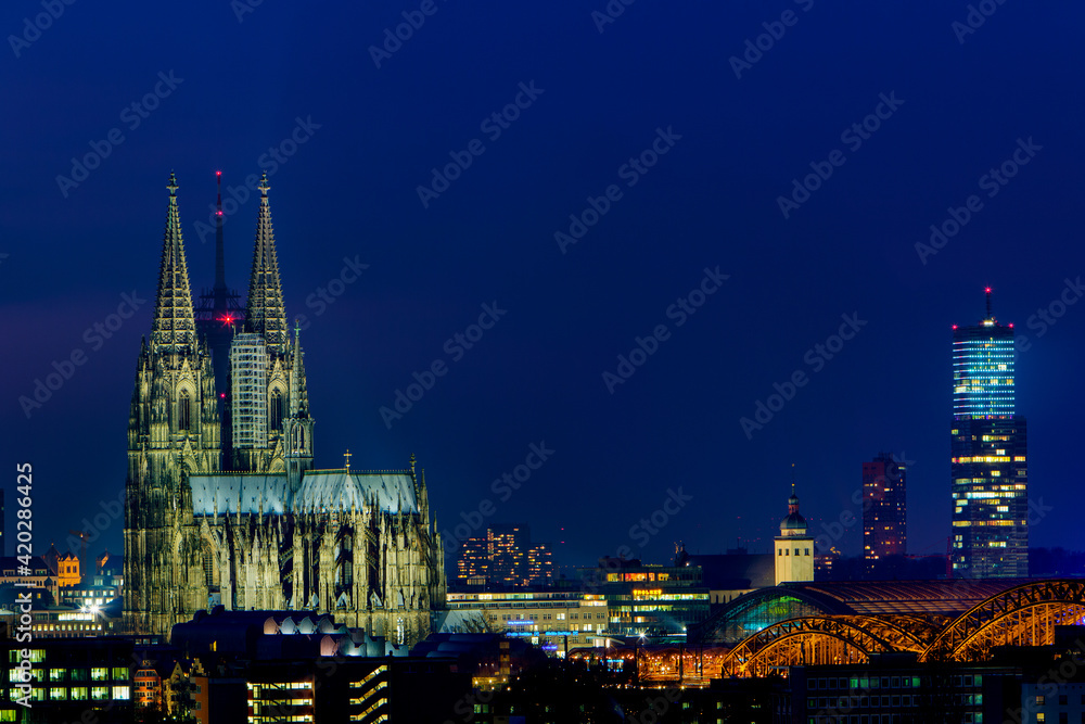 Panoramic view of Cologne Cathedral at the blue hour, Germany.