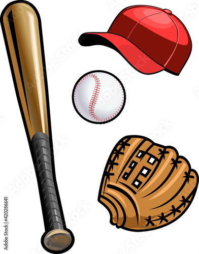 baseball glove, ball and bat