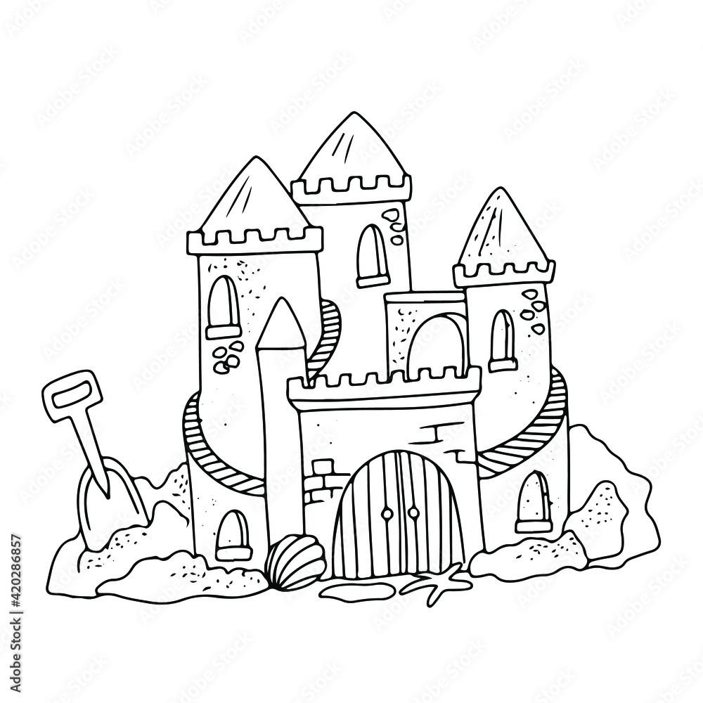 Sand castle Vector illustration isolated on white background. Simple illustration for coloring book