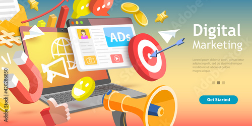 3D Isometric Flat Vector Conceptual Illustration of Digital Marketing.