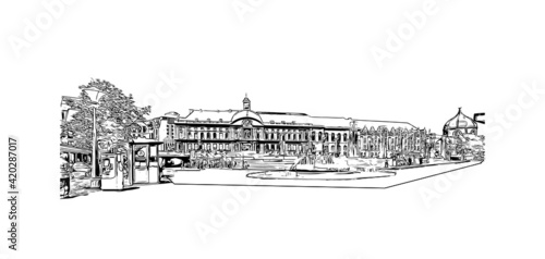 Building view with landmark of Liege is the
city in Belgium. Hand drawn sketch illustration in vector.