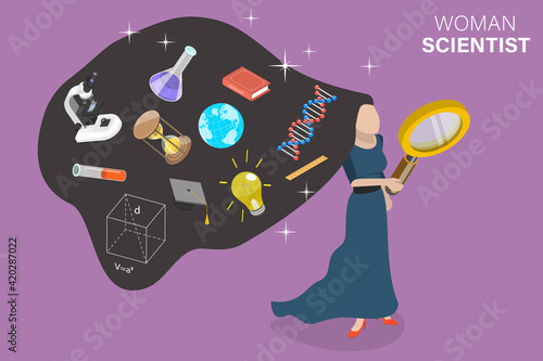 3D Isometric Flat Vector Conceptual Illustration of Woman Scientist.