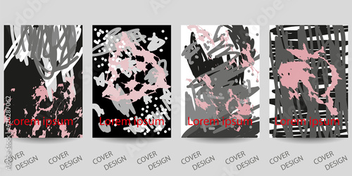 Abstract universal art backgrounds set. Gray, pink, black and white hand drawn scribbles promotional backgrounds . For printing on covers, banners, sales, flyers. Modern design. Vector. EPS10