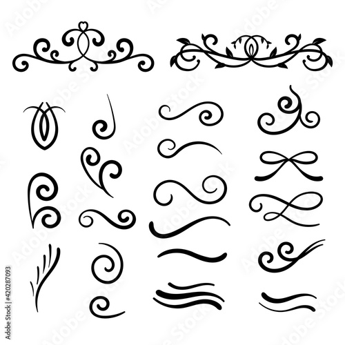 Swirling flourishes decorative elements. Simple swirls isolated on white background. Text dividers.