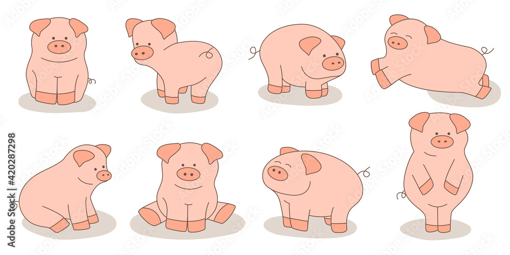 Big set of cute cartoon pigs isolated on white background. Vector illustration. Big set of cute cartoon pigs isolated on white background. Vector illustration.