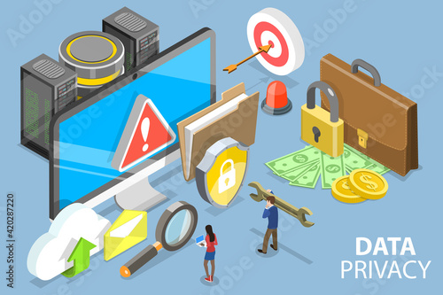3D Isometric Flat Vector Conceptual Illustration of Data Protection Privacy.