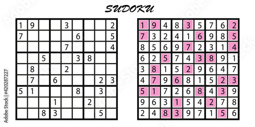 Sudoku is a number puzzle. Vector logic game with answers.
