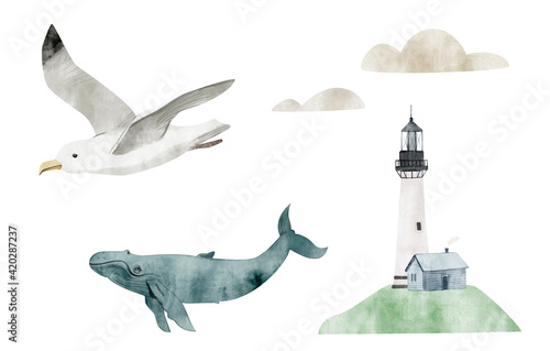 Watercolor illustration with the lighthouse, seagull, and whale