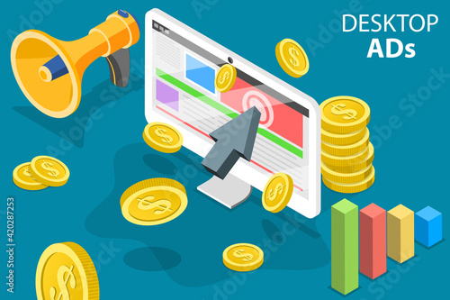 3D Isometric Flat Vector Conceptual Illustration of Desktop ADs.