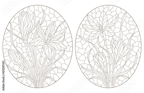 Set of contour illustrations in stained glass style with hyacinth flowers, dark outlines on a white background, oval images