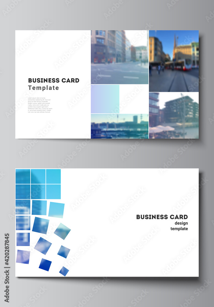 Vector layout of two creative business cards design templates, horizontal template vector design. Abstract design project in geometric style with blue squares.