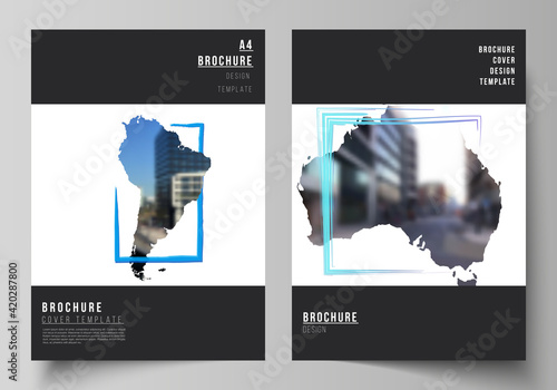 Vector layout of A4 cover mockups templates for brochure, flyer layout, cover design, book design, brochure cover. Design template in the form of world maps and colored frames, insert your photo.